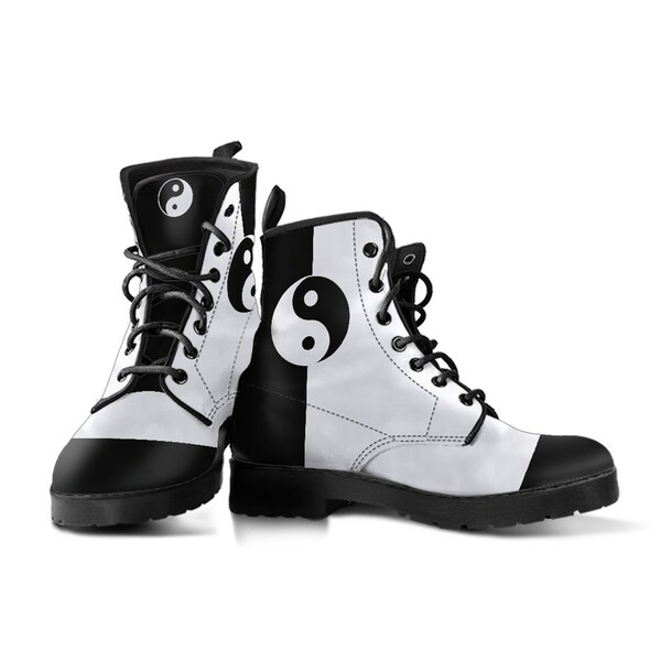 Black White Yin Yang Boots Combat Style Men's Women's with Black Soles (Design 4A)