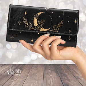 Witchy Trifold Wallet, Womens Moon Flowers Black 7.5 Inch Wallet, Cottagecore Elegant Vegan Witch Wallet