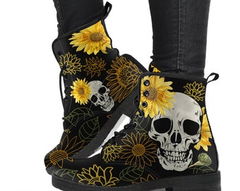 Skulls and Sunflowers Boots, Cheerful Goth Boots, Summer Combat Boots, Flower Boots, Floral Shoes, Women's Boots, Vegan Boots