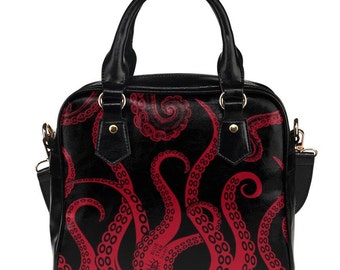 Black and Red Octopus Handbag, Tentacles, Small Vegan Purse, Goth Bag, Bowler Bag, Steampunk Satchel, Shoulder Bag