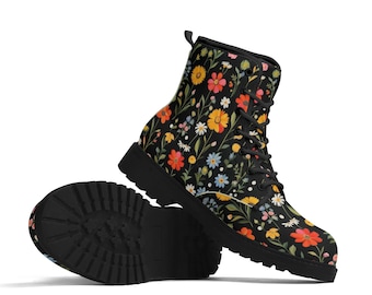 Botanical Wild Flowers Combat Boots, Cute Summer Floral Women's Lace Up Boots, Men's Ankle Boots, Comfy Shoes, Luxe Paxton Boots Wildflowers