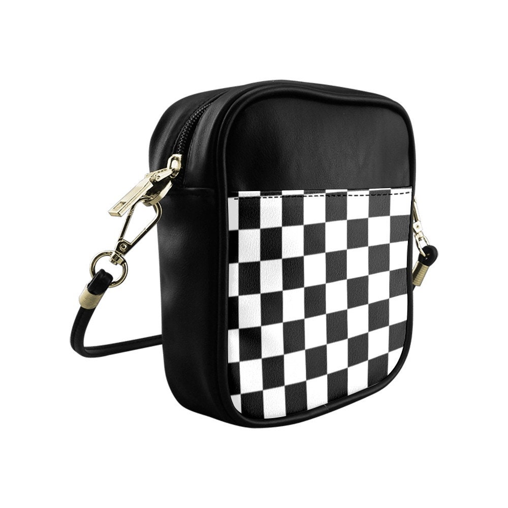 Black White Checkered Saddle Bag Purse Vegan Saddlebag 