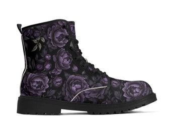 Goth Subtle Purple Flowers Boots Combat Style Men's Women's Rockabilly, Gothic Shoes, Dark Romantic Peonies Victorian Unisex