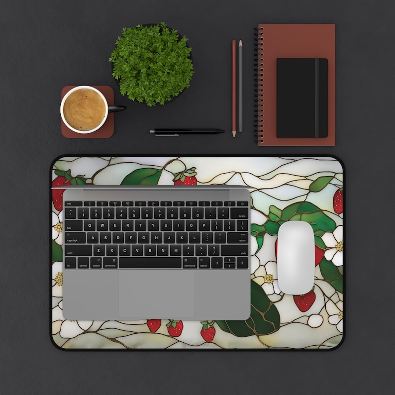 Strawberry Blossoms Desk Mat | Floral Gaming Pad, Cute Faux Stained Glass Fruit Design image 14