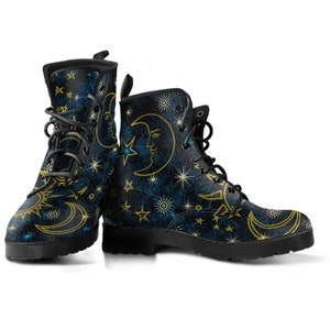 Women's Artistic Sun Moon Stars Celestial Boots Combat Style with Black Soles