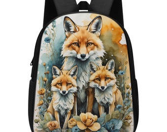 Watercolor Foxes Backpack, Cute Small 14 Inch Book Bag, Woodland Animals School Bag, Forest Animals Foxes