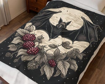 Gothic Bat Velveteen Plush Blanket Full Moon Dark Goth Academia Halloween Throw Fruit Bat