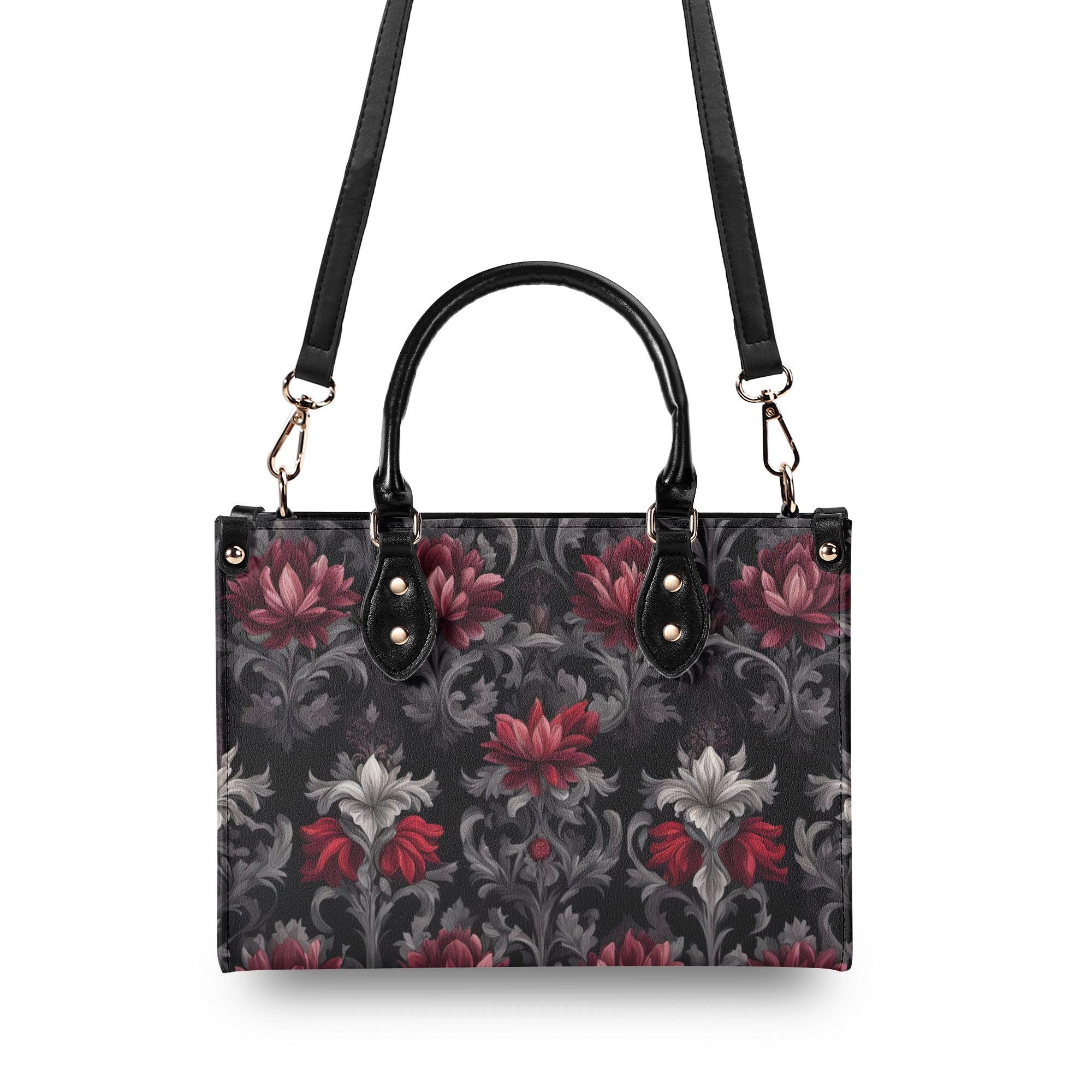 Midnight Peony - Goth Red Flowers Purse, Floral Faux Leather Hand BaG