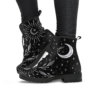 Moon Flowers Black Vegan Lace Up Boots, Celestial Women's Boots, Mens Boots, Artistic Combat Style, Black Soles Wiccan Pagan Magical Magick