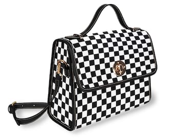 Black White Checkered Purse, Canvas Satchel handbag, Racing cross body bag, cute vegan hand bag, Shoulder bag, Emo, Punk