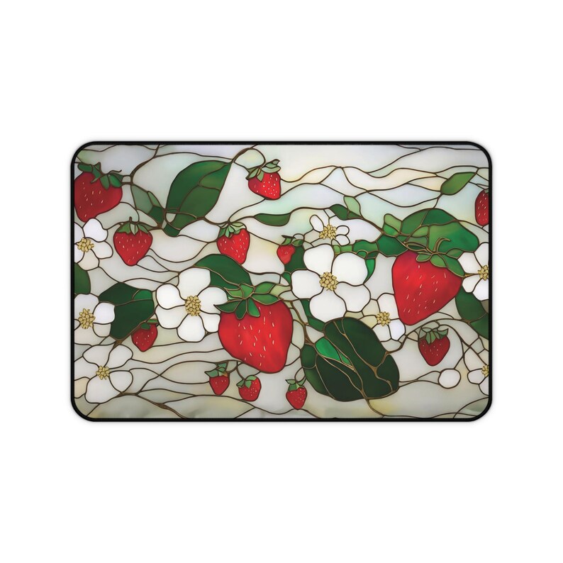 Strawberry Blossoms Desk Mat | Floral Gaming Pad, Cute Faux Stained Glass Fruit Design image 4