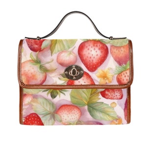 Cute Pink Strawberry Purse, Canvas Satchel bag, Strawberries womens cross body Bag, Spring Summer handbag, Adjustable shoulder strap