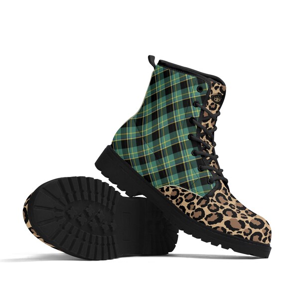Green Plaid and Leopard Print Combat Boots, Women's Mens Lace Up Boots St Patricks Day Animal Print Shoes