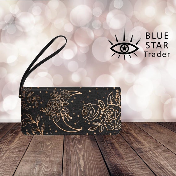 Black Cute Clutch Purse Crescent Moon Roses Flowers Women 8 Inch