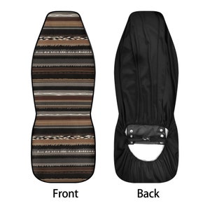 May include: Car seat cover with a Southwestern-inspired design. The front features a pattern of horizontal stripes in shades of brown, black, and gray. The back is solid black with a fastening system.