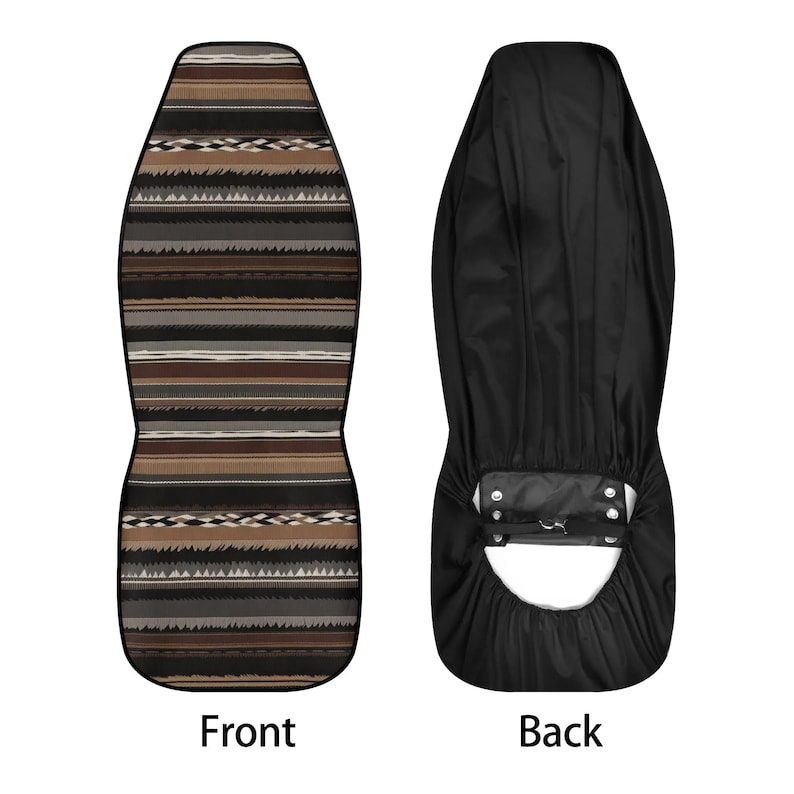 May include: Car seat cover with a Southwestern-inspired design. The front features a pattern of horizontal stripes in shades of brown, black, and gray. The back is solid black with a fastening system.