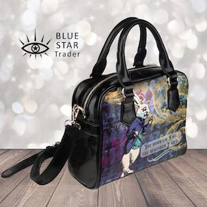 Bolsa Coelho Branco, Bolsa Roxa Escura Alice no País das Maravilhas, Bolsa de Ombro, Bolsa Satchel Vegana