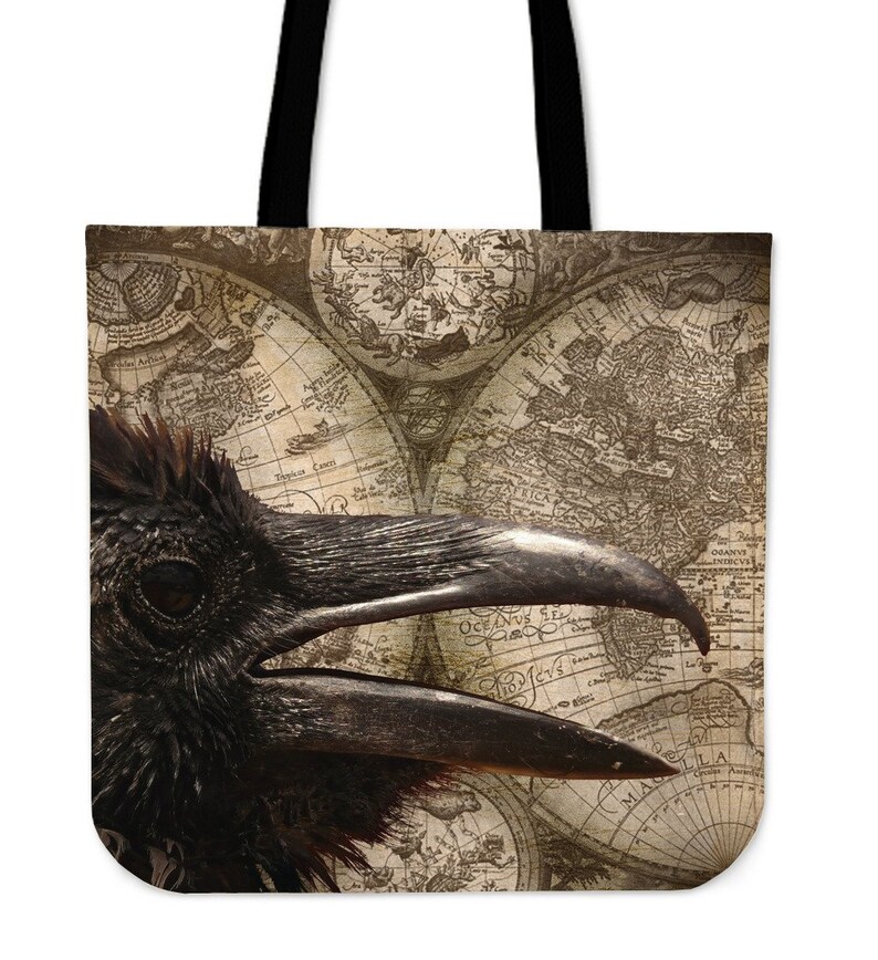 Black Bird Aged Sepia Canvas Tote Bag Steam Punk Trendy Modern Dark Gothic