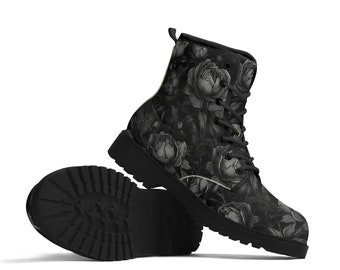 Goth Subtle Black Roses Boots Combat Style Men's Women's Rockabilly, Gothic Shoes, Dark Romantic Victorian Unisex