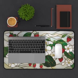 Strawberry Blossoms Desk Mat | Floral Gaming Pad, Cute Faux Stained Glass Fruit Design image 13