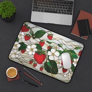 Strawberry Blossoms Desk Mat | Floral Gaming Pad, Cute Faux Stained Glass Fruit Design image 9