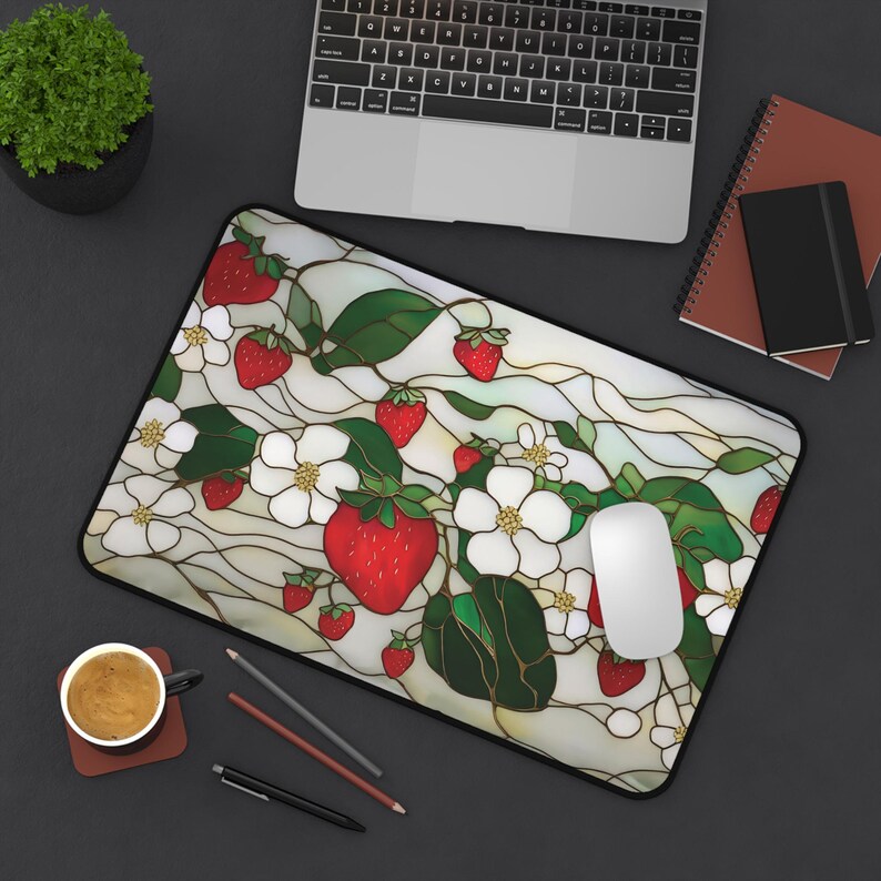 Strawberry Blossoms Desk Mat | Floral Gaming Pad, Cute Faux Stained Glass Fruit Design image 9
