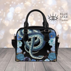 Snakes Roses Blue Handbag, Goth Shoulder Bag, Floral Witch Purse, Womens Accessories, Bowler Bag, Flowers Hand Bag, Satchel Purse