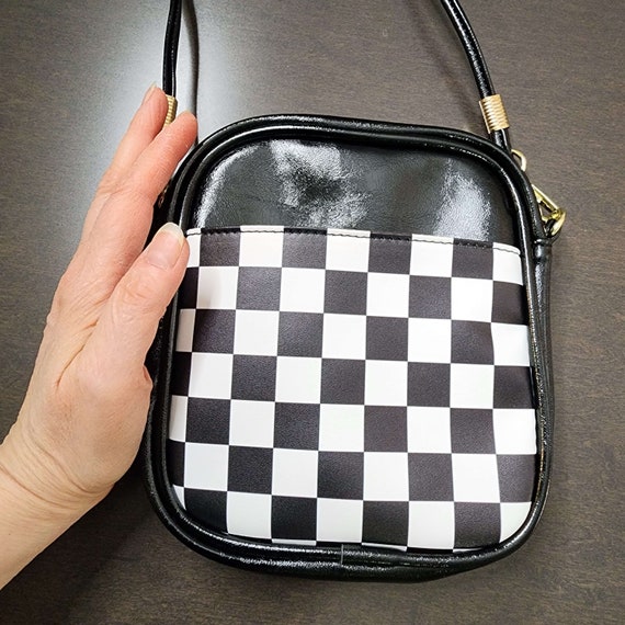 Mini Checkered Bag, Black White Vegan Leather Sling Bag, Small Crossbody Bag, Cute Mini Phone Bag Purse