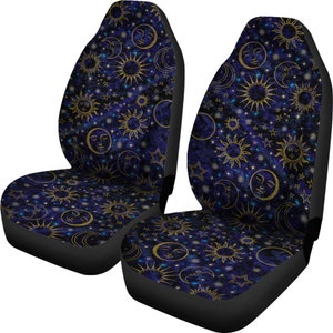 Night Sky Celestial Black Blue Gold Suns Moons Stars Car Seat Covers (Set of 2 Covers)