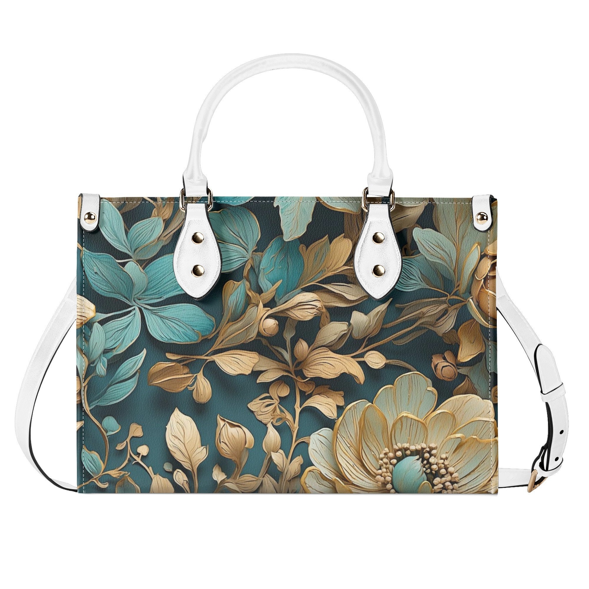 Elegant Teal Floral Purse, Blue Green Tan Flowers Vegan Leather Hand Bag