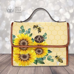 Yellow Sunflowers and Honey bee Purse, Canvas Satchel bag, Cottagecore cross body purse, cute Bee vegan leather strap hand bag