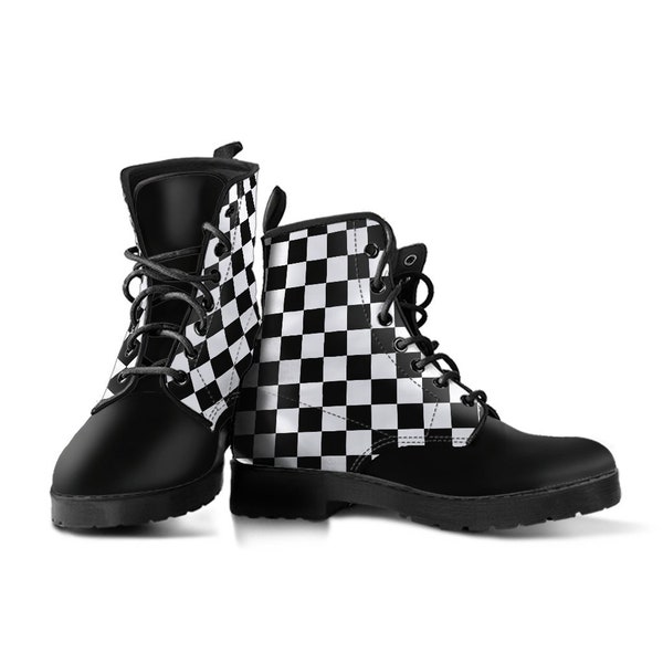 Black White Checkered Boots Combat Style Men's Women's with Black Soles Rockabilly Racer | Skater Gift