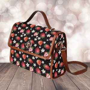 Cute Purse Red Strawberries Canvas Satchel bag, Kawaii Black Strawberry Fruit cross body purse, vegan leather hand bag, boho Cottagecore