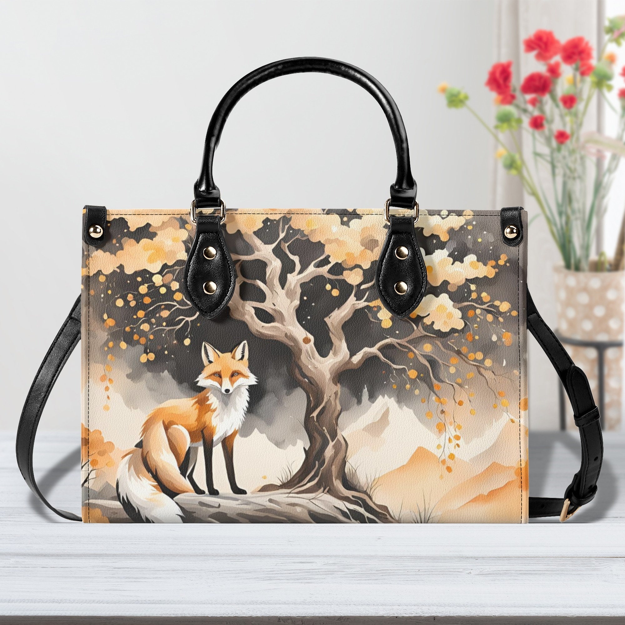 Elegant Orange Fox Purse, Vegan Leather Cottagecore Handbag