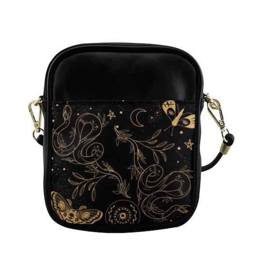 Snake Moths Mini Black Vegan Leather Sling Bag, Floral Witch Small  Crossbody Bag Cute Cottage Witch PU Leather Goth Mini Phone Purse Hippies 