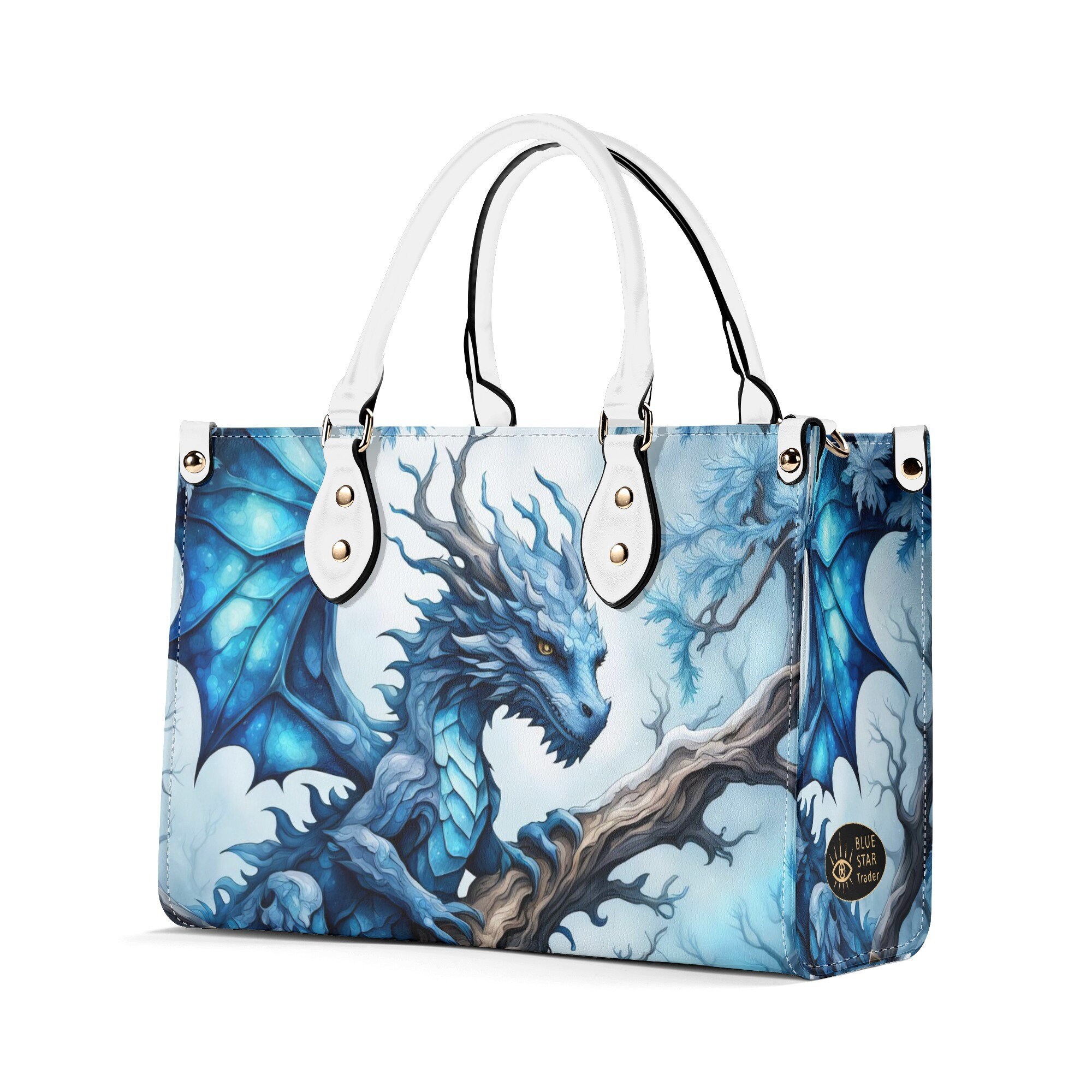 Blue Ice Dragon Handbag Purse, Winter Faux Leather Bag, Unique Fantasy Womens Shoulder Bag