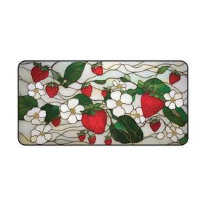 Strawberry Blossoms Desk Mat | Floral Gaming Pad, Cute Faux Stained Glass Fruit Design image 6