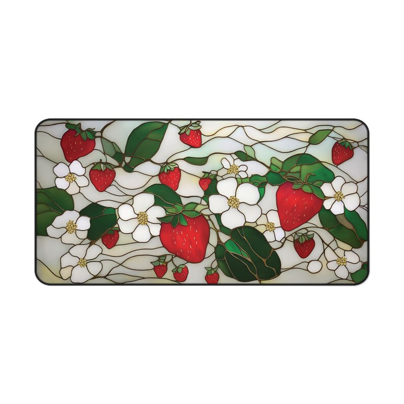 Strawberry Blossoms Desk Mat | Floral Gaming Pad, Cute Faux Stained Glass Fruit Design image 6