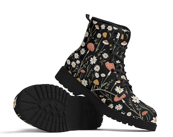 Mushrooms and Daisies Combat Boots, Women's Lace Up Boots, Men's Ankle Boots, Cottagecore Boho Comfy Neutral Shoes, Luxe Paxton Boots