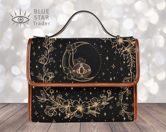 Sac à main cartable fleurs de lune, sac à main en bandoulière en toile de sorcière mignonne, sac à main végétalien pour femme mignonne, cadeau bohème Cottagecore