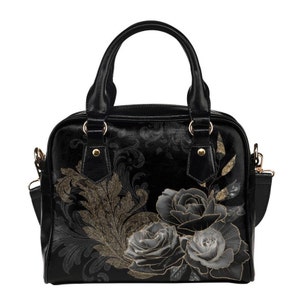 Goth Black Roses Handbag | Gothic Shoulder Bag | Vegan Purse Satchel Bag Bowler Bag Hand bag