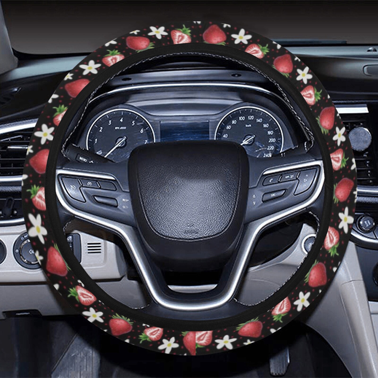 Black Strawberries Steering Wheel Cover With Elastic Cute Auto Accessories Neoprene Auto Wheel Protector Strawberry Kawaii Steering Cover Etsy