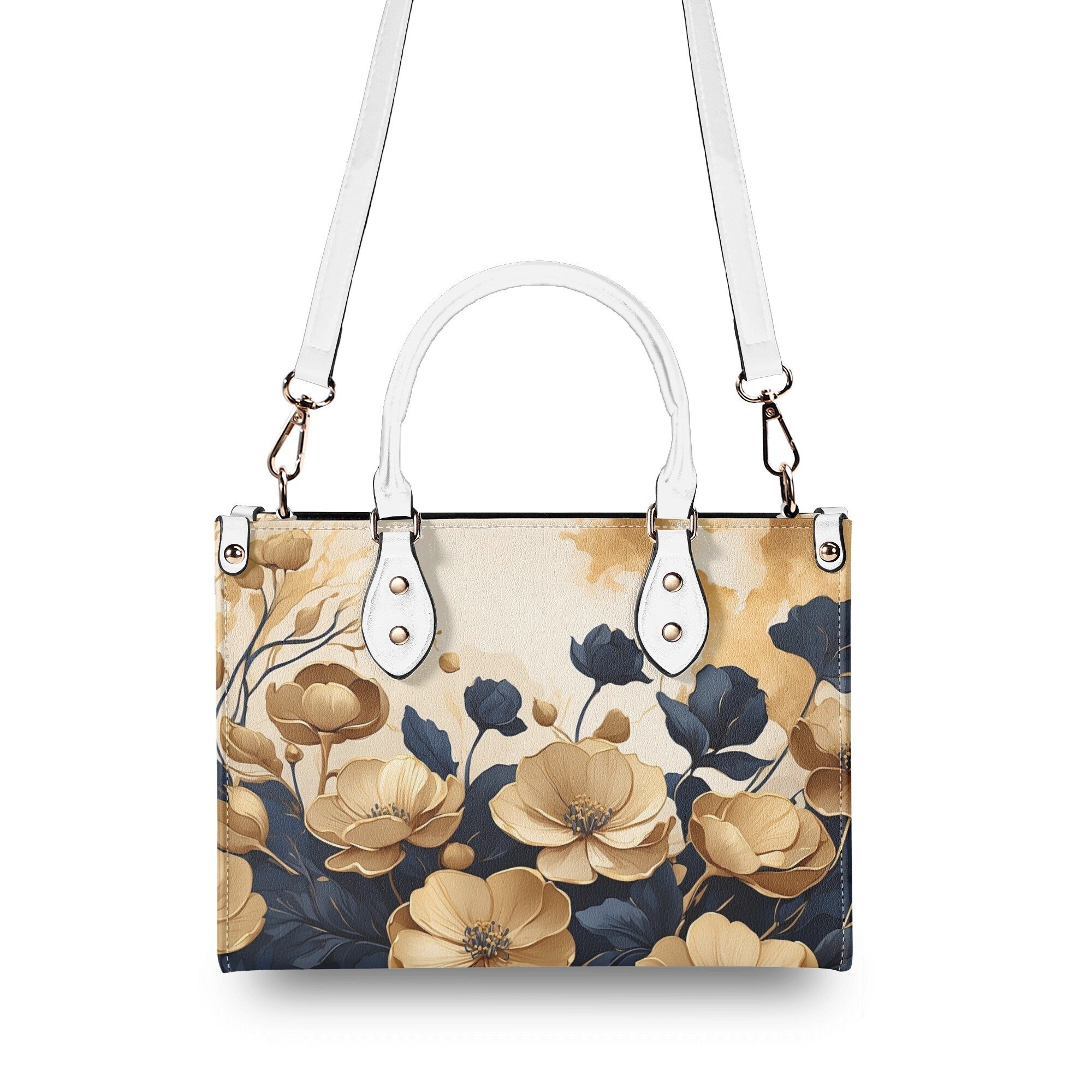 Elegant Blue Flowers Purse, Floral Faux Leather Hand Bag, Unique Womens Shoulder Bag