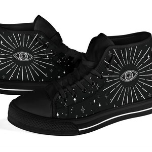 Psychic Eye High Tops Shoes, Black Sneakers, Witchy Shoes, Men's Women's Ankle Shoes, Witch Wicca Pagan Celestial