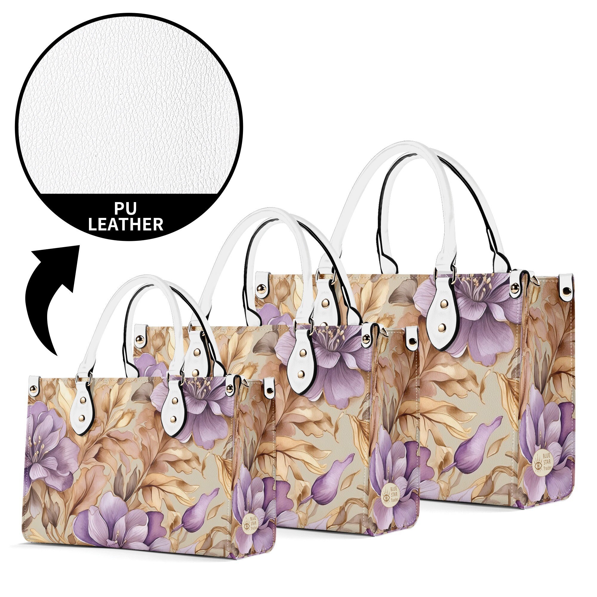 Elegant Light Purple Floral Purse, Lavender Tan Flowers Vegan Leather Hand Bag