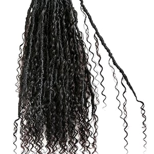 May include: Black curly faux locs hair extensions. The extensions are a dark black color and have a natural, textured appearance. The locs are tightly coiled and hang down in a long, flowing style. The hair is shown against a white background.