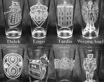 Set of Four (4) "Dr Who" Laser-Engraved Pint Glasses - Your Choice of 8 Different Designs!