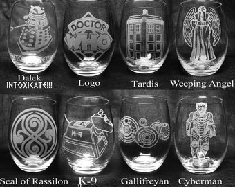 Set of Eight (8) Different "Dr Who" Laser-Engraved 21-oz Stemless Wine Glasses!