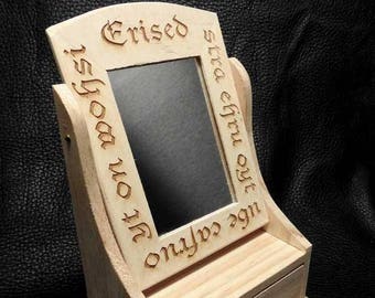 Desktop 'Mirror of Desire', solid wood with glass mirror, 9 inches tall overall, with one drawer.