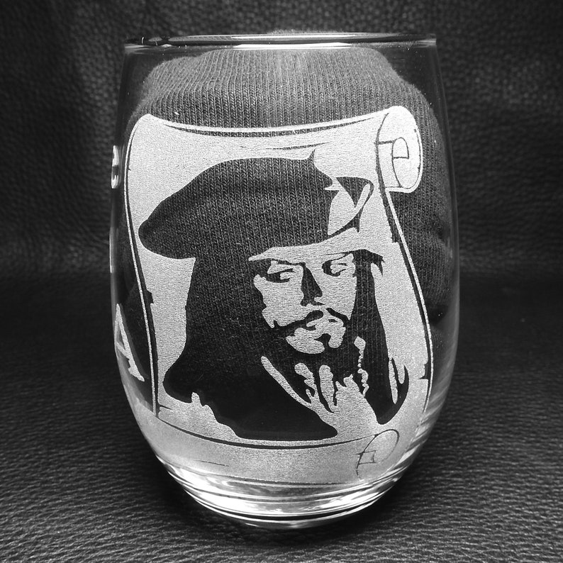 Set of four Mega Pint Johnny Depp/Jack Sparrow Laser Engraved 21-oz Stemless Wine Glasses image 4